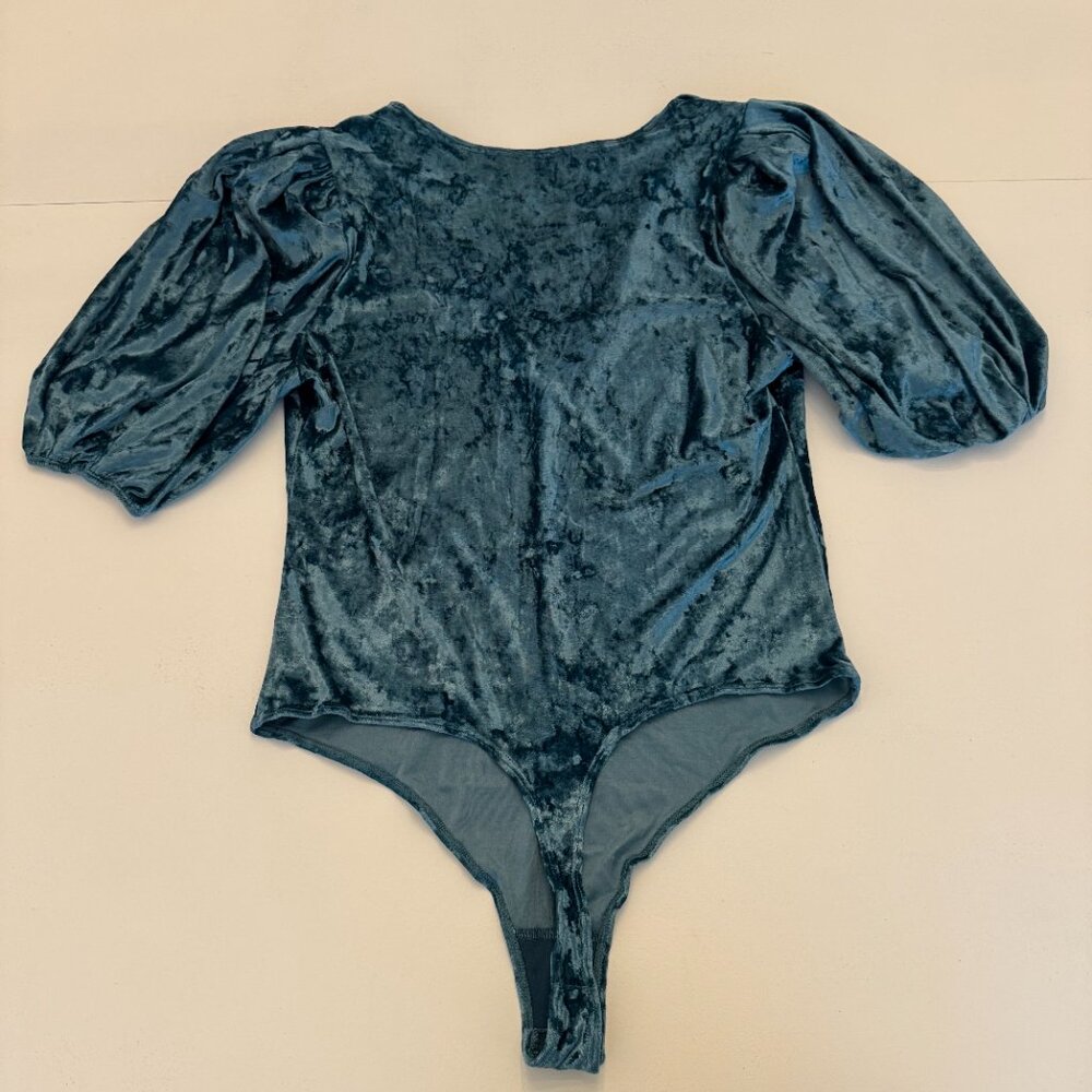 Free People Don't You Wish Thong Bodysuit Medium Deep Teal Crushed Velvet - Picture 3 of 5